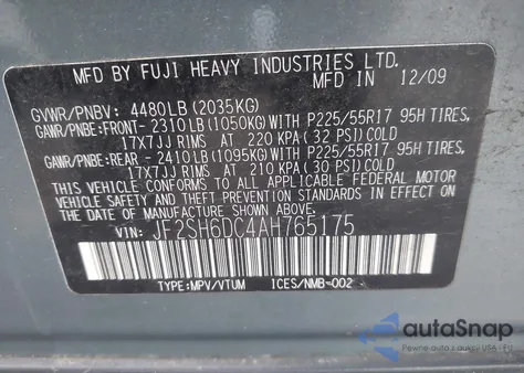 2010 Subaru Forester 2.5X Limited from USA, damaged, VIN JF2SH6DC4AH765175